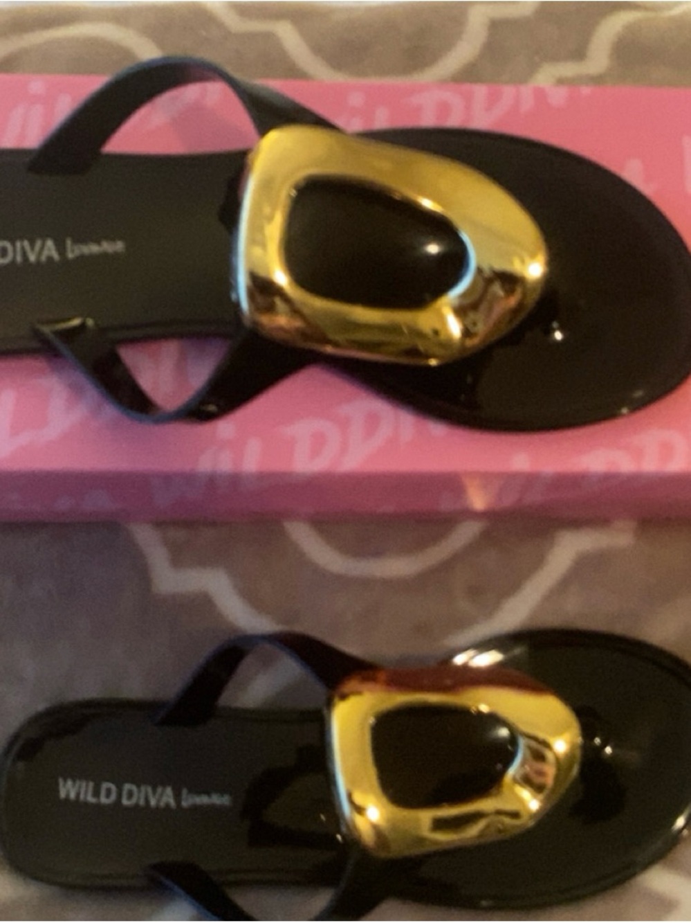 Wild Diva Black Jelly Thong Sandals with Gold Accent Detail